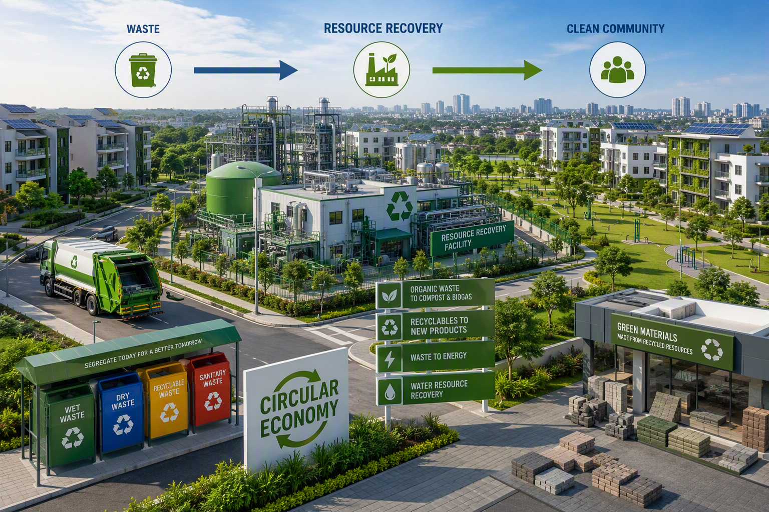 Green city street with waste collection vehicles and workers