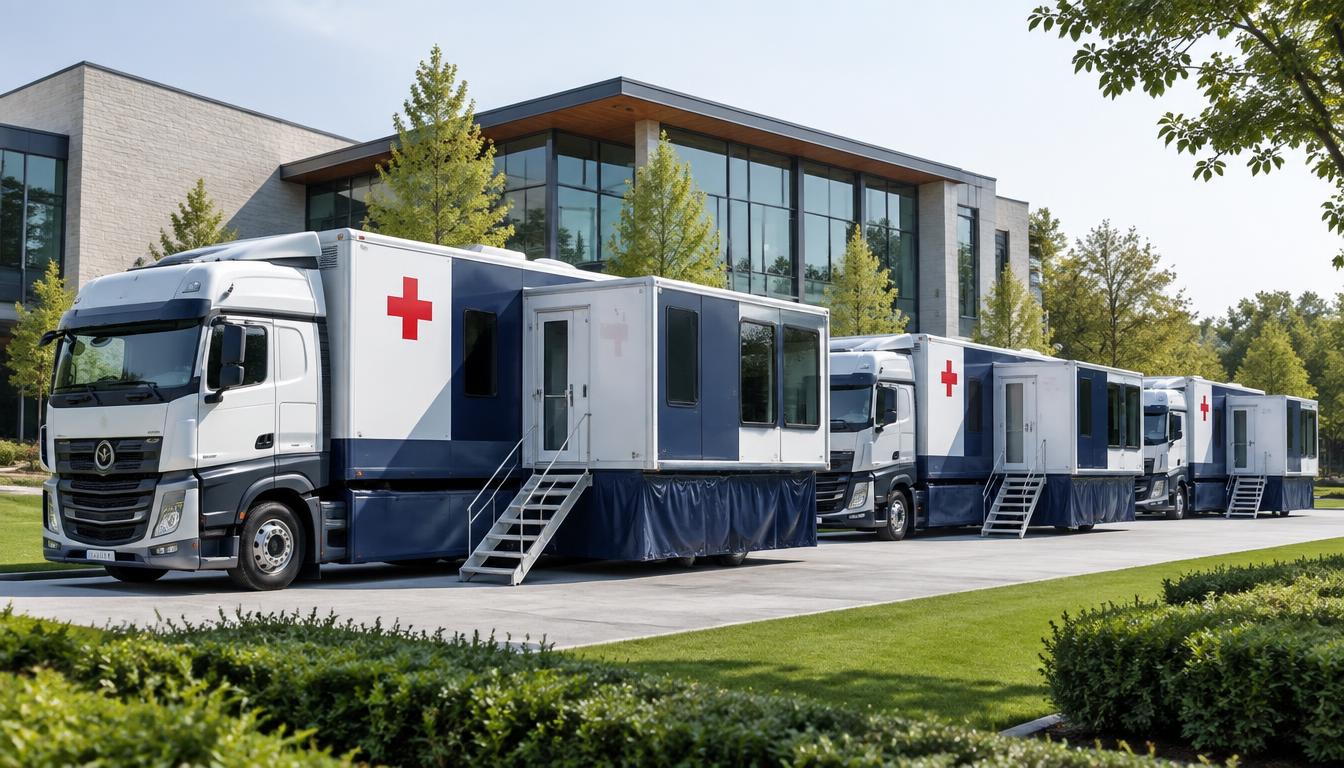 Modular mobile clinic trucks with expandable treatment rooms parked in a community campus