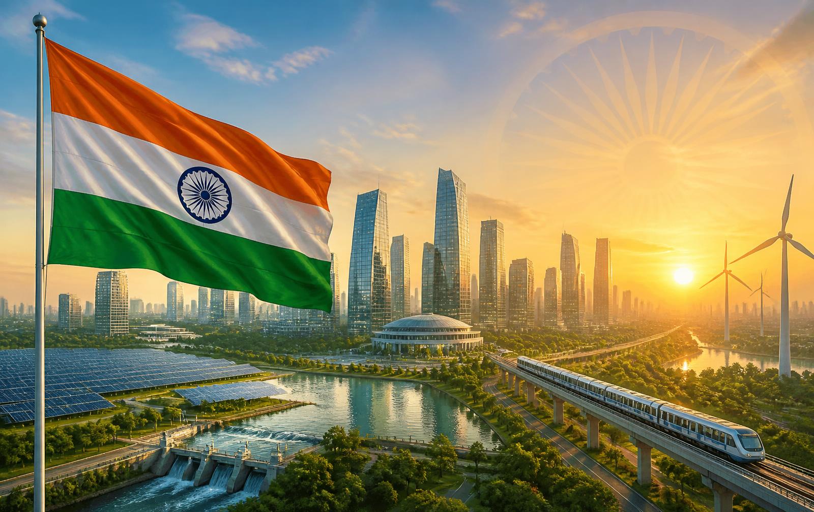 Indian tricolour waving over a clean, sustainable future city with solar fields, wind turbines, water systems and clean transit at sunrise